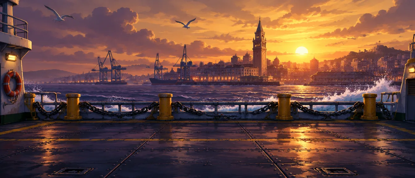 Dek baja feri pelabuhan saat senja dengan rantai dan tonggak kuning, kota pelabuhan dan menara lonceng di kejauhan.