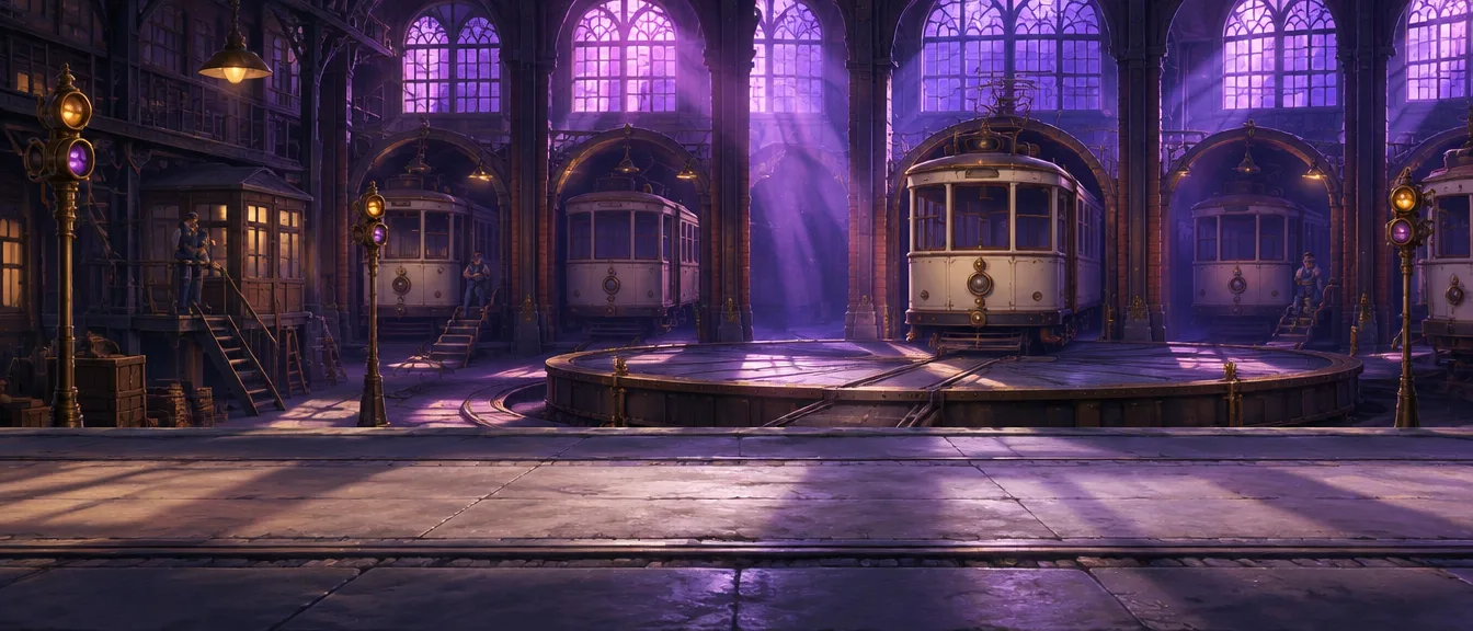 Depo trem tua dengan meja putar baja, trem krem di relung melengkung, dan cahaya ungu dari jendela kaca tinggi.