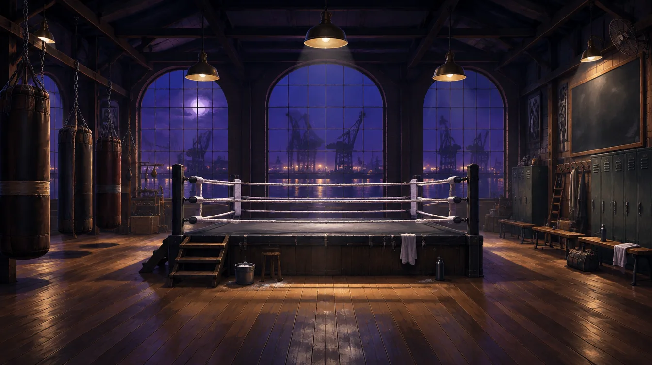 The Loft: gym berlantai kayu dengan ring latihan bertali putih, samsak gantung, dan jendela lengkung menghadap derek pelabuhan di malam hari.